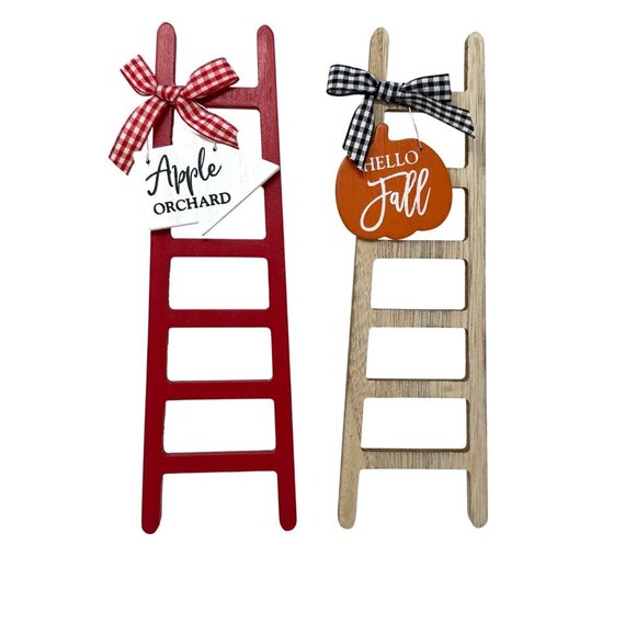 Fall Ladder Wood Decor Mini Sign Set 2pc Apple Orchard Hello Fall Tiered Tray - Picture 2 of 13
